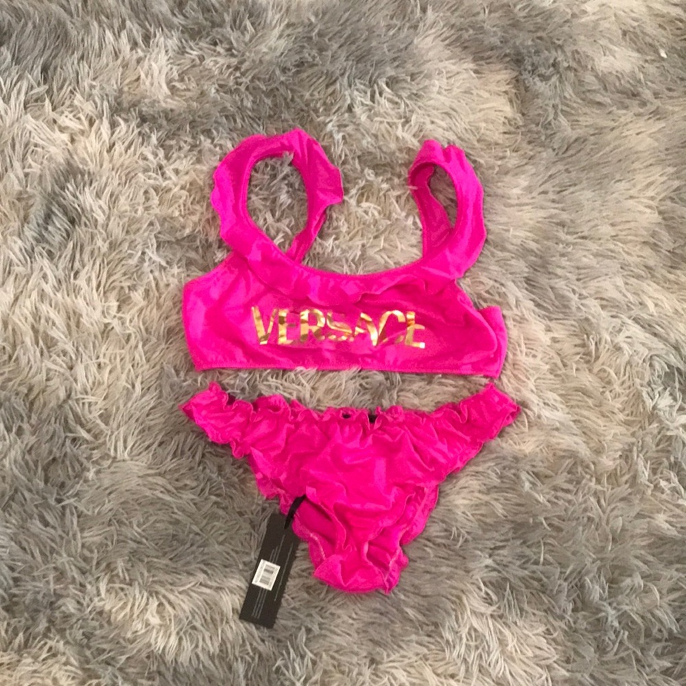 New Authentic VERSACE KIDS Logo Ruffle-Trimmed Bikini – Size 14A / 164cm